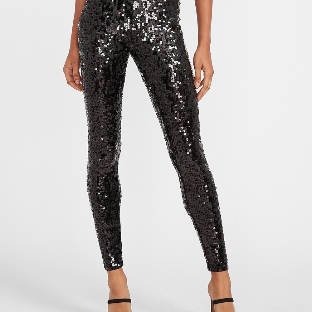 Express Black High Waisted Sequin Pullover Ankle Length Leggings Size XL